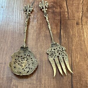 Vintage Italian Bellini Cherub Ornate Gold-Tone  Serving Spoon and Fork Set.